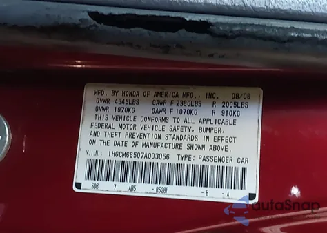 2007 Honda Accord 3.0 Ex z USA, uszkodzony, nr VIN 1HGCM66507A003056